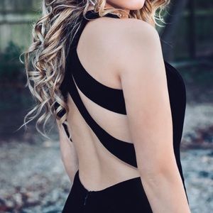 Sherri hill Black velvet, mini dress, backless with two straps crossing.